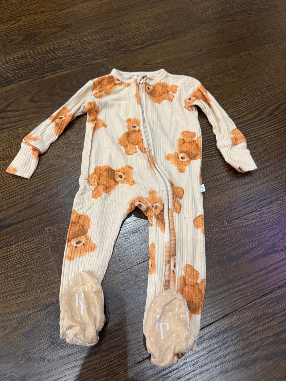 Posh peanut Kids Teddy Print Footed One-Piece Romper - Beige and Brown